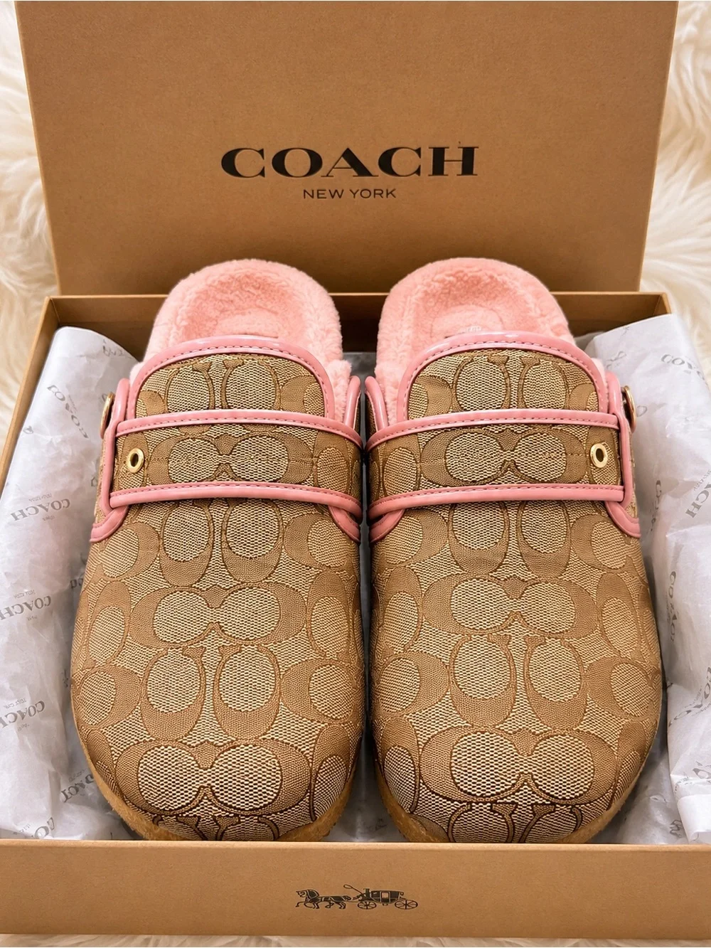 Coach Ashton Clog Signature Jacquard Tan/Pink Petal Size 8 New Box CW680